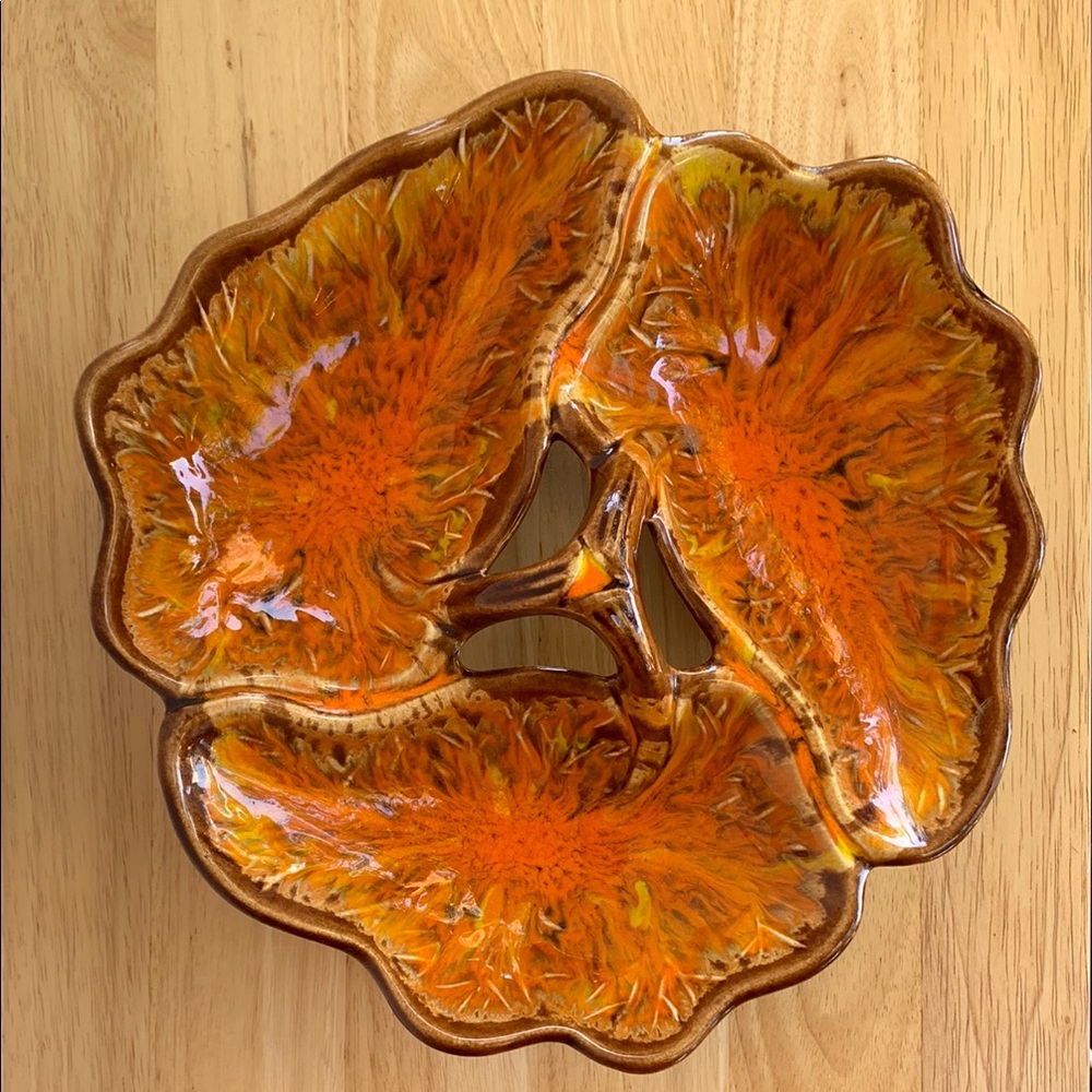 Vintage large orange and brown ceramic 3 section leaf dish